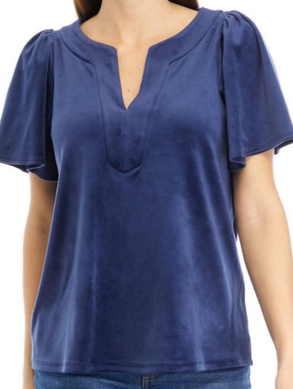 Crown & Ivy Navy Blue Split Neck Flutter Sleeve Top Velour 2X